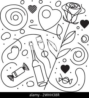 Carte postale de Saint-Valentin de style linéaire avec verres à champagne, roses, coeurs et motifs de bonbons, célébrant l'amour dans un design minimaliste Illustration de Vecteur