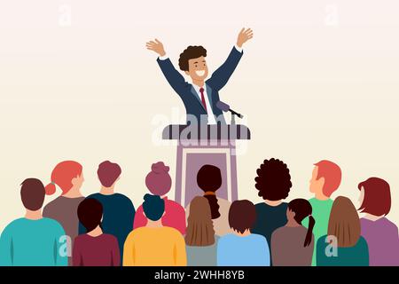 Homme derrière le podium pendant le discours de scène. Orateur avec auditoire. Prise de parole en public. Illustration vectorielle. Illustration de Vecteur