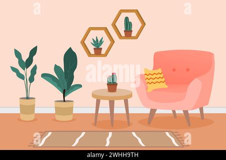 Design intérieur d'un salon avec canapé et plantes d'intérieur. Intérieur de la maison. Illustration vectorielle. Illustration de Vecteur