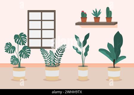 Illustration vectorielle de décor de maison de plantes de maison. Plantes vertes debout dans des pots. Plantes d'intérieur dans une pièce. Illustration de Vecteur