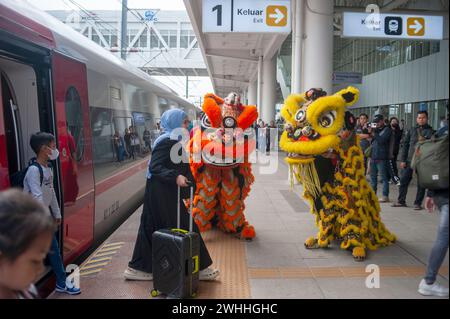 Padalarang, Indonésie. 10 février 2024. Des artistes de danse du lion accueillent les passagers sur le quai de la gare de Padalarang du train à grande vitesse Jakarta-Bandung à Padalarang, Indonésie, le 10 février 2024. En Indonésie, qui embrasse le multiculturalisme, le Festival du printemps transcende les frontières culturelles, devenant un festival célébré par toute la société. Crédit : Septianjar Muharam/Xinhua/Alamy Live News Banque D'Images