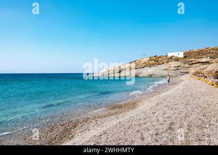 Lia Beach, plage sauvage et libre dans le sud de Mykonos, Grèce. Banque D'Images