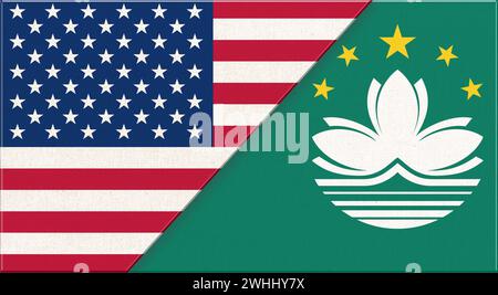 Drapeaux des États-Unis et Macao. Drapeaux américains et nationaux de Macao sur la surface du tissu. Drapeau des États-Unis et Macao - Banque D'Images