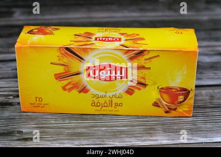 Le Caire, Egypte, 7 février 2024 : thé noir Lipton avec sachets de cannelle, somme de feuilles de thé mûres, Lipton, une marque de thé britannique américaine, propriété de Lipto Banque D'Images