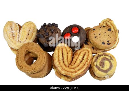 Assortiment de biscuits cuits au four et biscuits de cannelle biscuits, biscuits ronds cuits au four qui sont durs, plats et croustillants, biscuits au beurre au chocolat et palmier, s. Banque D'Images