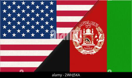 Drapeaux des États-Unis et de l'Afghanistan. Drapeaux nationaux américain et afghan sur la surface du tissu. Drapeau des États-Unis et Banque D'Images