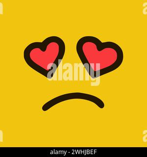 Émoticône d'amour triste dans le style Doodle. Expressions de visage de dessin animé isolées sur fond jaune Banque D'Images
