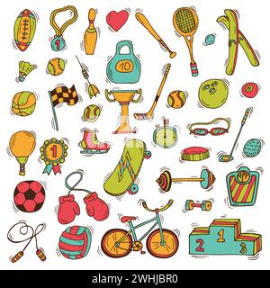 Ensemble d'icônes de sport dans le style croquis. EQUIPEMENT de sport dessiné à la main. Illustration vectorielle Illustration de Vecteur
