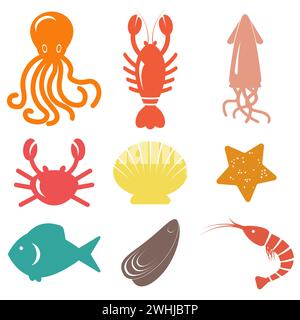 Icônes de fruits de mer. Vie marine. Illustration vectorielle Illustration de Vecteur