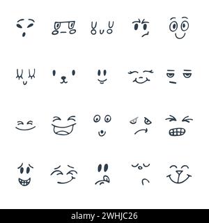 Ensemble de visages drôles avec différentes expressions. Ensemble de visages émotionnels de dessin animé mignon. Illustration vectorielle Illustration de Vecteur