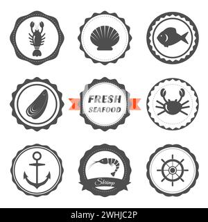 Ensemble d'étiquettes de fruits de mer. Logos de fruits de mer et éléments de design. Illustration vectorielle Illustration de Vecteur