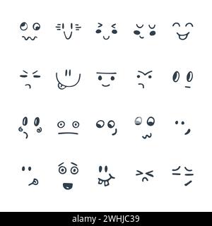 Ensemble d'expressions faciales esquissées. Ensemble de visages de dessin animé drôles dessinés à la main. Illustration vectorielle Illustration de Vecteur