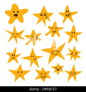 Ensemble d'étoiles mignonnes et drôles dessinées à la main. Style comique de dessin animé. Illustration vectorielle Illustration de Vecteur