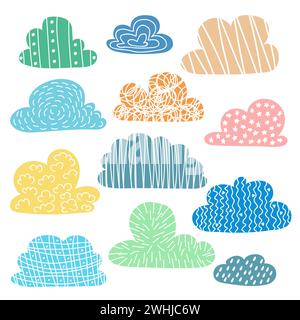 Ensemble de nuages dessinés à la main avec une texture mignonne. Illustration vectorielle Illustration de Vecteur