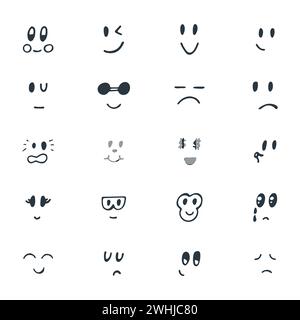 Ensemble de visages smiley drôles dessinés à la main. Ensemble d'expressions faciales esquissées. Illustration vectorielle Illustration de Vecteur