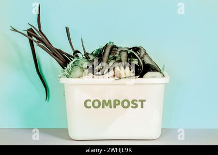 Bac de compostage de cuisine. Légumes pelés dans un bac de compost blanc sur fond multicolore. Banque D'Images