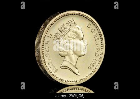 1986 Royaume-Uni pièce de 1 £. Le dessin inversé montre un lin d'Irlande du Nord dans une couronne, par Leslie Durbin L'avers montre la reine Elizabeth II Banque D'Images
