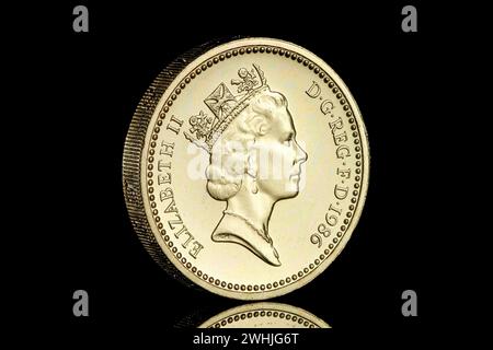 1986 Royaume-Uni pièce de 1 £. Le dessin inversé montre un lin d'Irlande du Nord dans une couronne, par Leslie Durbin L'avers montre la reine Elizabeth II Banque D'Images