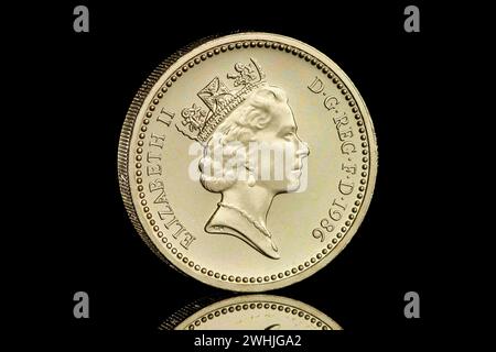 1986 Royaume-Uni pièce de 1 £. Le dessin inversé montre un lin d'Irlande du Nord dans une couronne, par Leslie Durbin L'avers montre la reine Elizabeth II Banque D'Images