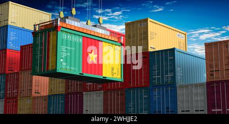 Conteneur d'expédition de fret avec drapeau du Cameroun sur crochet de grue - illustration 3D. Banque D'Images