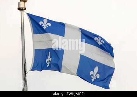 Drapeau national du Québec sur un mât flottant sur un vent Banque D'Images