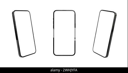 Maquettes d'écran de téléphone portable. Smartphone affiche des maquettes de vues avant et inclinées, isolé sur fond blanc Banque D'Images