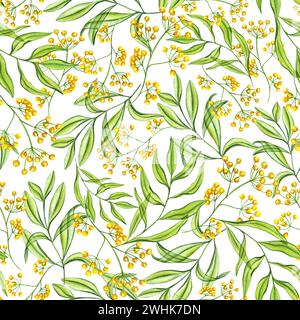 Fleurs abstraites jaunes et branches vertes de feuilles. Motif printemps sans couture. Plantes dans un style transparent. Illustration aquarelle. Banque D'Images