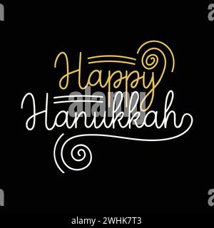 Happy Hanukkah illustration de lettrage dessinée à la main libre sur fond noir. Hanukkah texte élégant et décoratif pour bannière, affiche, carte de voeux Illustration de Vecteur