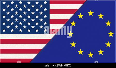 Drapeau des États-Unis et de l'Union européenne. Drapeaux américains et européens sur la texture du tissu. Drapeaux européens et américains Banque D'Images