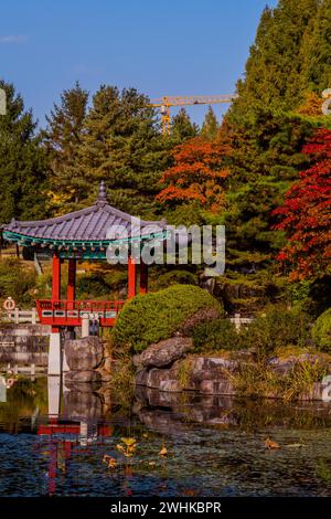 Gazebo oriental avec toit en tuiles de terre cuite au bord de l'étang fait par l'homme et grue de construction jaune contre le ciel bleu en Corée du Sud Banque D'Images