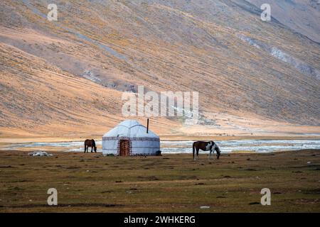 Yourte et cheval dans les montagnes, paysage aride, vallée de Burkhan, Tien Shan, province d'Issyk Kul, Kirghizistan Banque D'Images