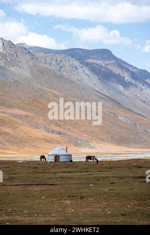 Yourte et cheval dans les montagnes, paysage aride, vallée de Burkhan, Tien Shan, province d'Issyk Kul, Kirghizistan Banque D'Images