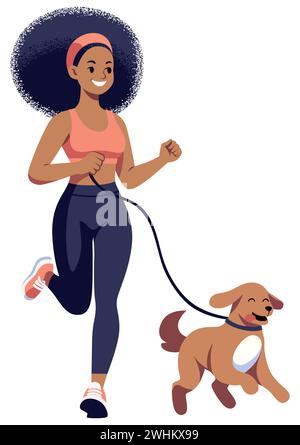 Illustration de style plat d'une femme africaine faisant du jogging avec son chien, isolé sur fond blanc. Illustration de Vecteur