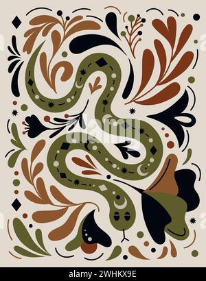 Illustration de serpent mystique dans le style boho dessiné à la main avec des éléments floraux. Fantaisie concept créature mythique, éléments ésotériques. Parfait pour tarot c Illustration de Vecteur
