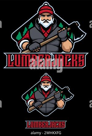 Illustration de style mascotte d'un bûcheron robuste pour l'équipe sportive Lumberjacks, sur un fond noir. Illustration de Vecteur