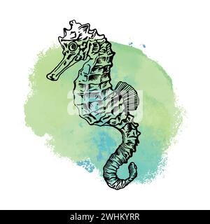 Hippocampe, graphismes. Illustration vectorielle avec un point bleu sur le fond. Élément de conception pour cartes, couvertures, affiches nautiques, bannières, emballages, la Illustration de Vecteur