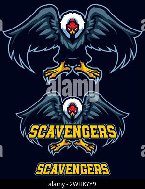Illustration de style mascotte d'un oiseau de proie féroce pour l'équipe des Scavengers, sur un fond noir dur. Illustration de Vecteur