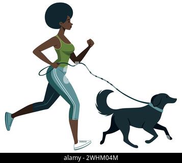 Illustration de style plat d'une femme africaine faisant du jogging avec son chien, isolé sur fond blanc. Illustration de Vecteur