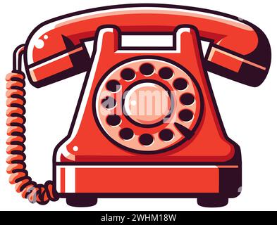 Illustration de conception plate d'un téléphone à cadran rotatif rouge à l'ancienne, isolé sur fond blanc. Illustration de Vecteur