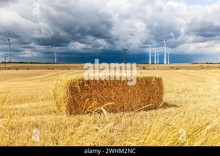 Éoliennes paysage paysage et champs de céréales avec ciel spectaculaire. balles de foin dans le champ. Tempête Banque D'Images