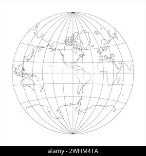 Carte du monde simplifiée dans le cercle axé sur les Amériques. Grille de latitude et de longitude. Projection de Van der Grinten. Illustration vectorielle filaire à ligne noire fine Illustration de Vecteur