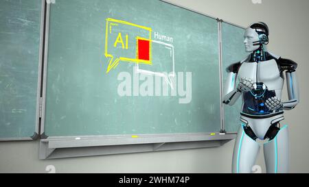 Robot humanoïde comme professeur d'IA avec le tableau de craie dans une salle de classe. illustration 3d. Banque D'Images