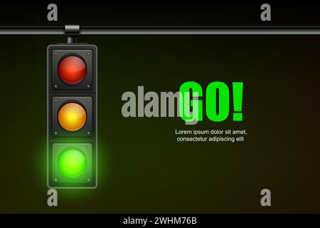 Bannière réaliste vectorielle avec feu de circulation suspendu avec signal permissif vert brillant isolé sur fond noir Illustration de Vecteur