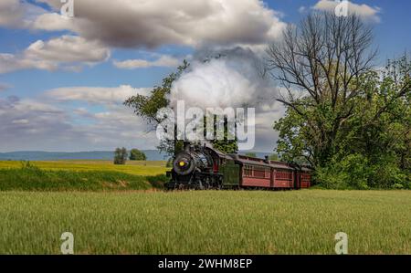 Vue d'un train de passagers à vapeur antique approchant, voyageant à travers la campagne rurale, soufflant de la fumée Banque D'Images