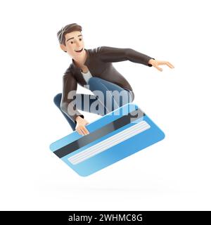 homme de dessin animé 3d surfant sur carte de crédit, illustration isolée sur fond blanc Banque D'Images