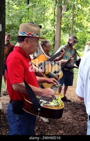 Les musiciens s'affrontent en groupes fluides sous les arbres au pique-nique Old Fiddlers Banque D'Images