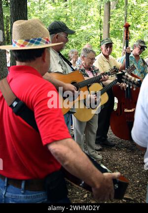 Les musiciens s'affrontent en groupes fluides sous les arbres au pique-nique Old Fiddlers Banque D'Images