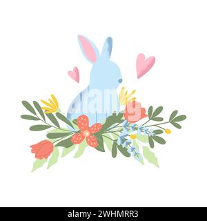 Silhouette de lapin avec des fleurs et des coeurs dessinés à la main. Mignon vecteur conception de Pâques avec texture. Illustration de Vecteur
