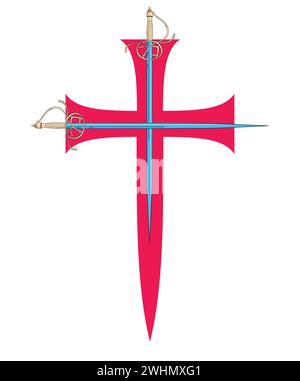 Illustration vectorielle de deux épées s'affrontant au-dessus d'une croix rouge. Design idéal pour la chevalerie et les bandes dessinées d'aventure. Illustration de Vecteur
