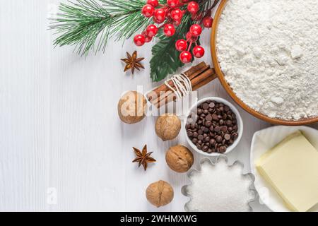 Ingrédients pour la cuisson. Sélection de biscuits de Noël ou muffins avec des gouttes de chocolat Banque D'Images